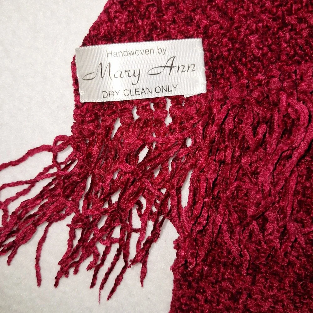 Handwoven by Mary Ann Burgundy Red Chenille Scarf Fringe‎ Elegant Artsy